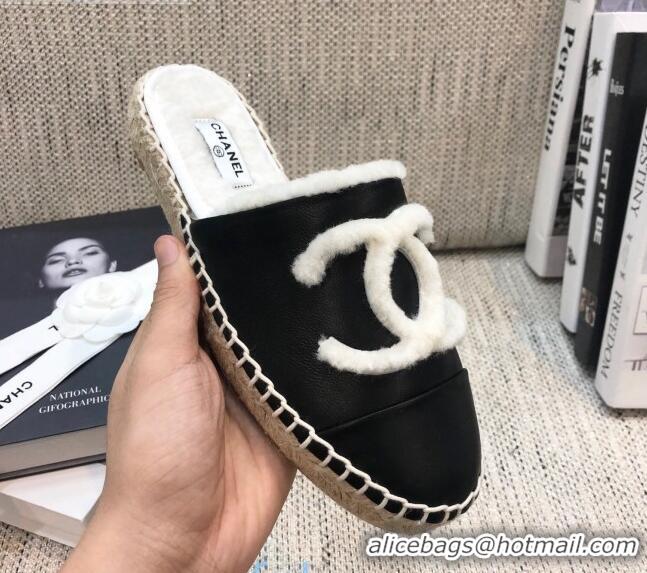 AAAAA Cheapest Chanel Lambskin Wool CC Espadrilles Mules C0914 Black 2020