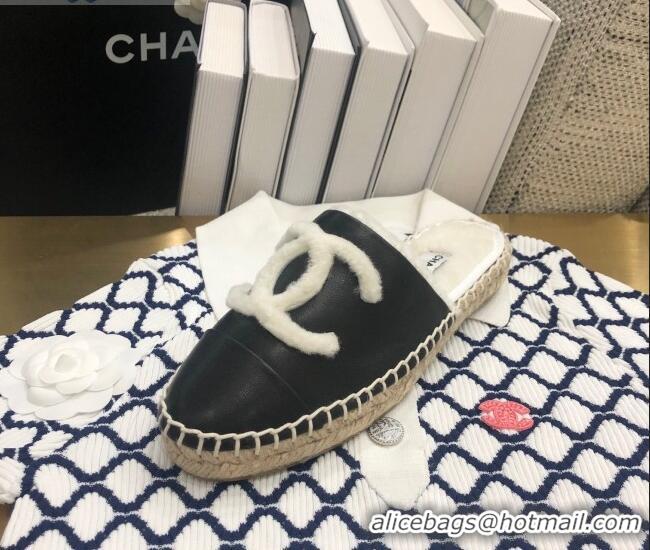 AAAAA Cheapest Chanel Lambskin Wool CC Espadrilles Mules C0914 Black 2020