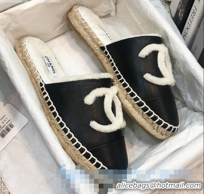 AAAAA Cheapest Chanel Lambskin Wool CC Espadrilles Mules C0914 Black 2020