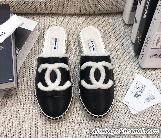 AAAAA Cheapest Chanel Lambskin Wool CC Espadrilles Mules C0914 Black 2020