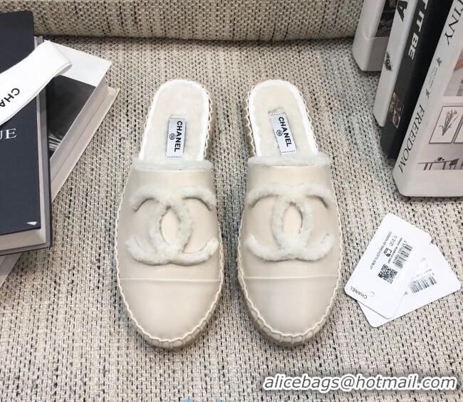 Top Design Chanel Lambskin Wool CC Espadrilles Mules C0915 White 2020