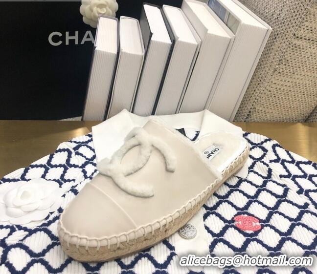 Top Design Chanel Lambskin Wool CC Espadrilles Mules C0915 White 2020