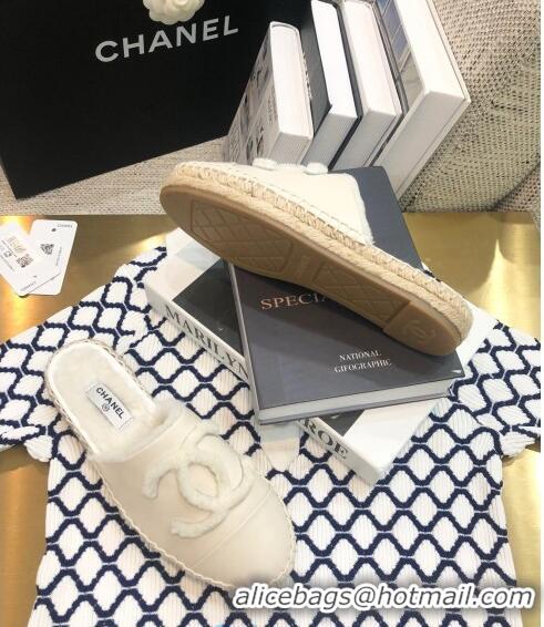 Top Design Chanel Lambskin Wool CC Espadrilles Mules C0915 White 2020