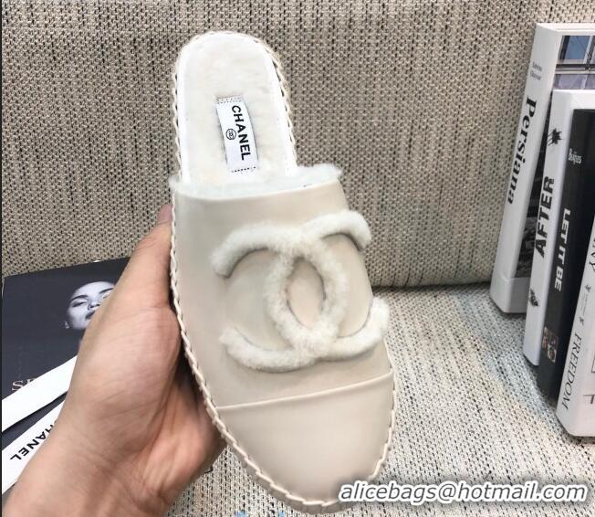 Top Design Chanel Lambskin Wool CC Espadrilles Mules C0915 White 2020