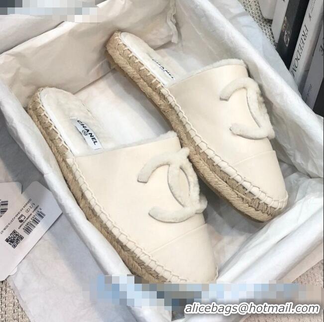 Top Design Chanel Lambskin Wool CC Espadrilles Mules C0915 White 2020