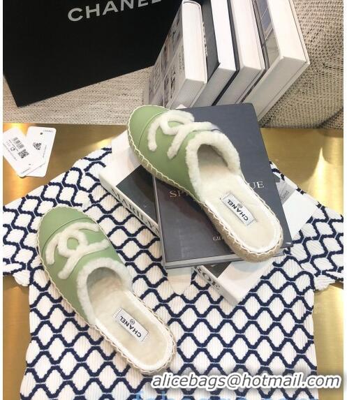 Buy Cheap Chanel Lambskin Wool CC Espadrilles Mules C0915 Green 2020