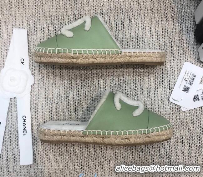 Buy Cheap Chanel Lambskin Wool CC Espadrilles Mules C0915 Green 2020