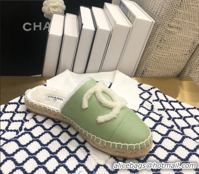 Buy Cheap Chanel Lambskin Wool CC Espadrilles Mules C0915 Green 2020