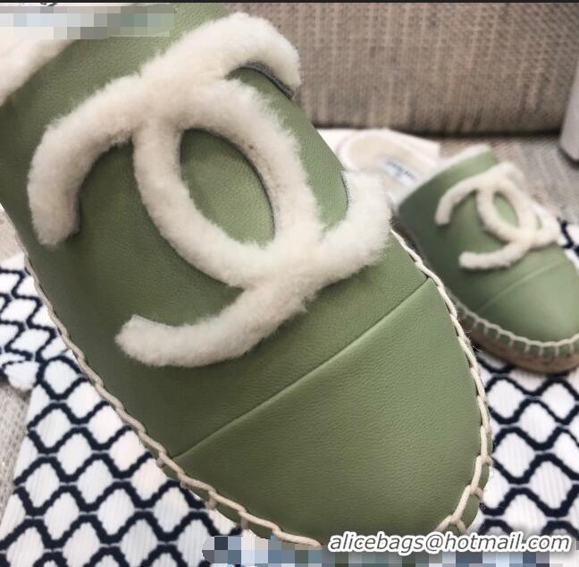 Buy Cheap Chanel Lambskin Wool CC Espadrilles Mules C0915 Green 2020