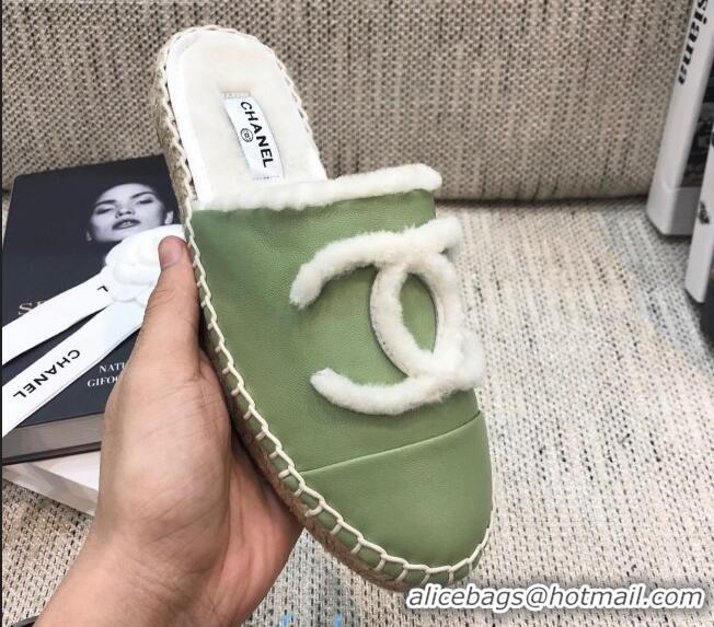 Buy Cheap Chanel Lambskin Wool CC Espadrilles Mules C0915 Green 2020