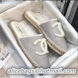 Spot Discount Chanel Lambskin Wool CC Espadrilles Mules C0915 Gray 2020