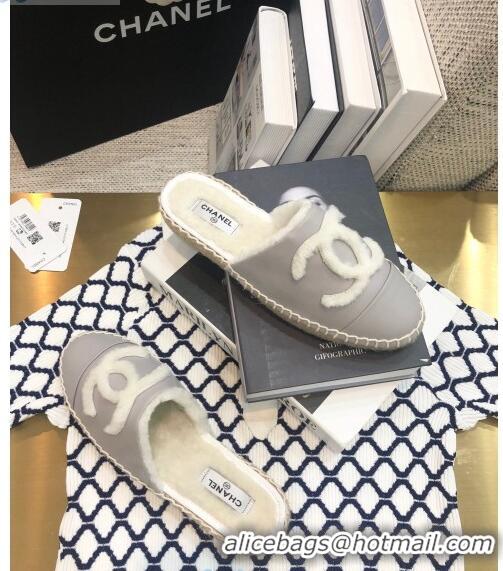 Spot Discount Chanel Lambskin Wool CC Espadrilles Mules C0915 Gray 2020