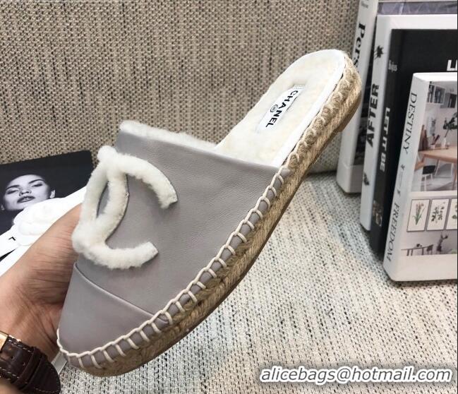 Spot Discount Chanel Lambskin Wool CC Espadrilles Mules C0915 Gray 2020