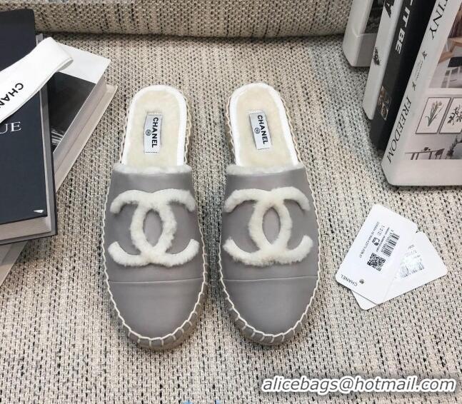 Spot Discount Chanel Lambskin Wool CC Espadrilles Mules C0915 Gray 2020