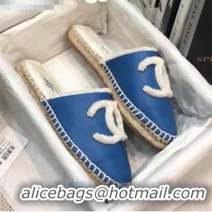 Latest Style Chanel Lambskin Wool CC Espadrilles Mules C0915 Blue 2020