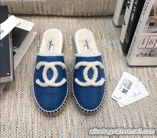 Latest Style Chanel Lambskin Wool CC Espadrilles Mules C0915 Blue 2020