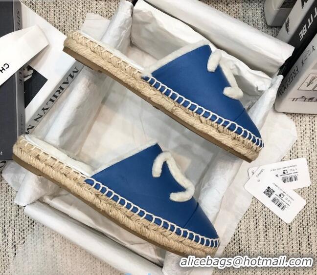 Latest Style Chanel Lambskin Wool CC Espadrilles Mules C0915 Blue 2020