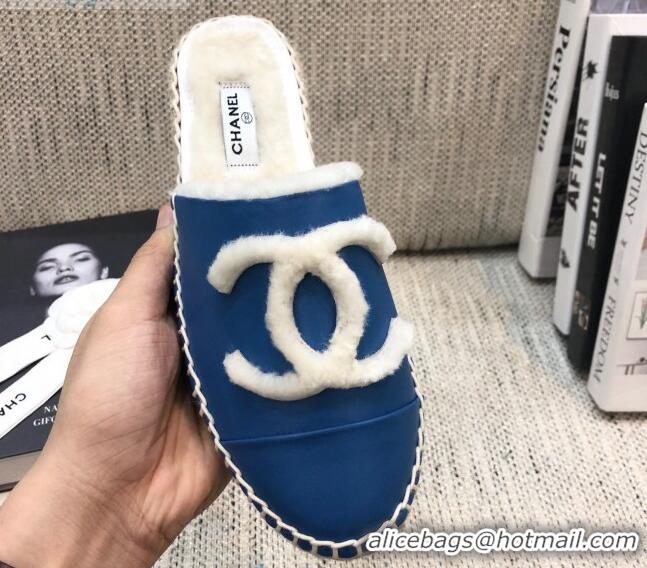 Latest Style Chanel Lambskin Wool CC Espadrilles Mules C0915 Blue 2020