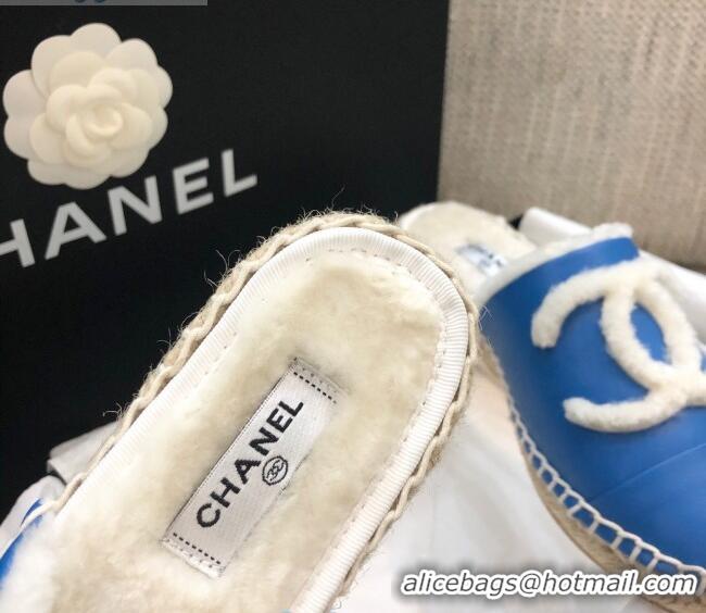 Latest Style Chanel Lambskin Wool CC Espadrilles Mules C0915 Blue 2020