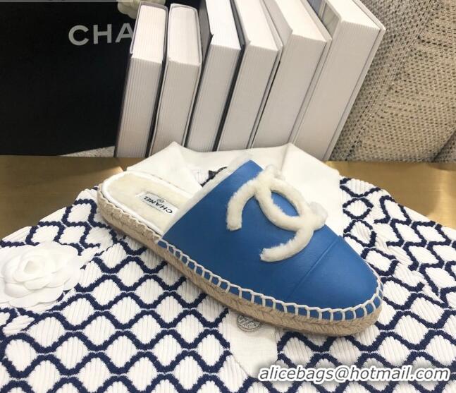 Latest Style Chanel Lambskin Wool CC Espadrilles Mules C0915 Blue 2020