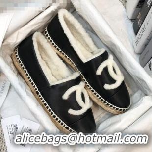 Low Price Chanel Lambskin Wool CC Espadrilles Mules C0915 Black 2020