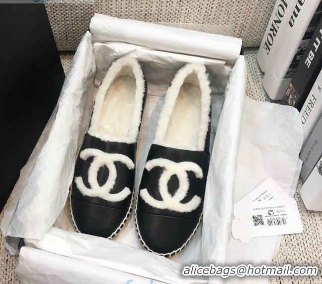 Low Price Chanel Lambskin Wool CC Espadrilles Mules C0915 Black 2020