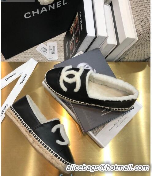 Low Price Chanel Lambskin Wool CC Espadrilles Mules C0915 Black 2020