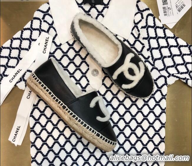 Low Price Chanel Lambskin Wool CC Espadrilles Mules C0915 Black 2020