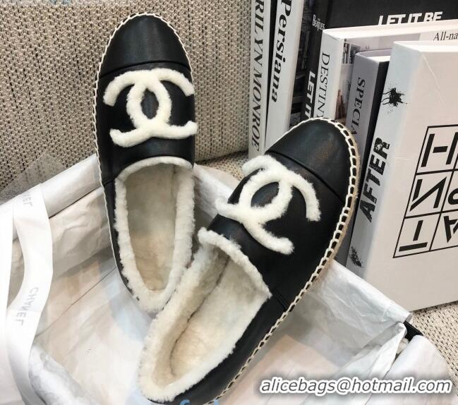 Low Price Chanel Lambskin Wool CC Espadrilles Mules C0915 Black 2020