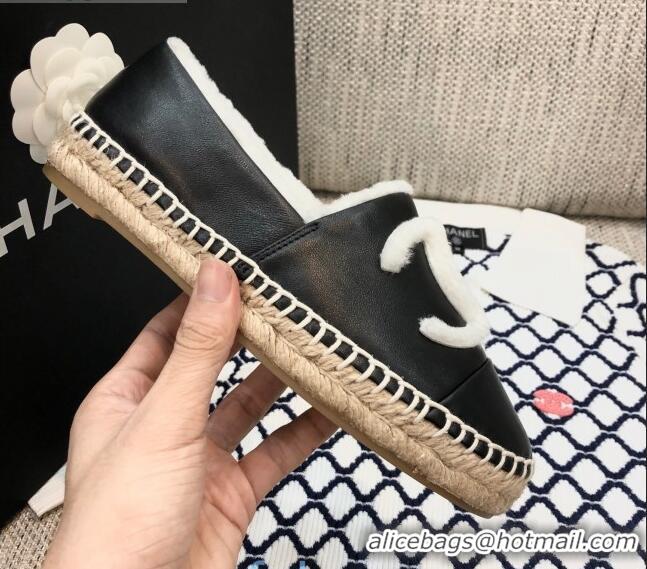 Low Price Chanel Lambskin Wool CC Espadrilles Mules C0915 Black 2020