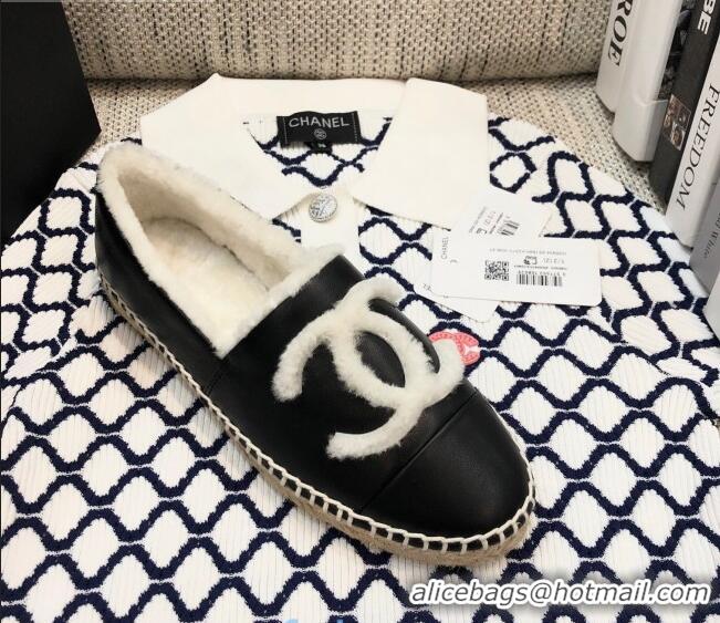 Low Price Chanel Lambskin Wool CC Espadrilles Mules C0915 Black 2020