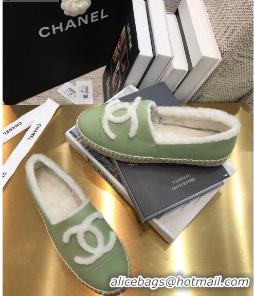 Low Price Chanel Lambskin Wool CC Flat Espadrilles C0922 Green 2020