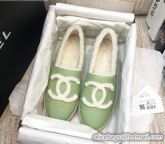 Low Price Chanel Lambskin Wool CC Flat Espadrilles C0922 Green 2020