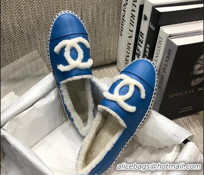 Inexpensive Chanel Lambskin Wool CC Flat Espadrilles C0922 Blue 2020