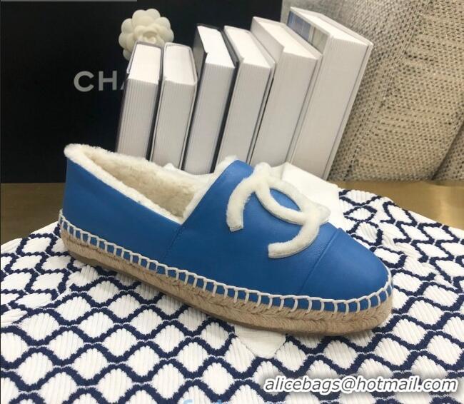 Inexpensive Chanel Lambskin Wool CC Flat Espadrilles C0922 Blue 2020