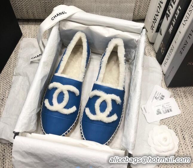 Inexpensive Chanel Lambskin Wool CC Flat Espadrilles C0922 Blue 2020