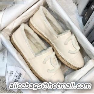 Top Quality Chanel Lambskin Wool CC Flat Espadrilles C0922 White 2020