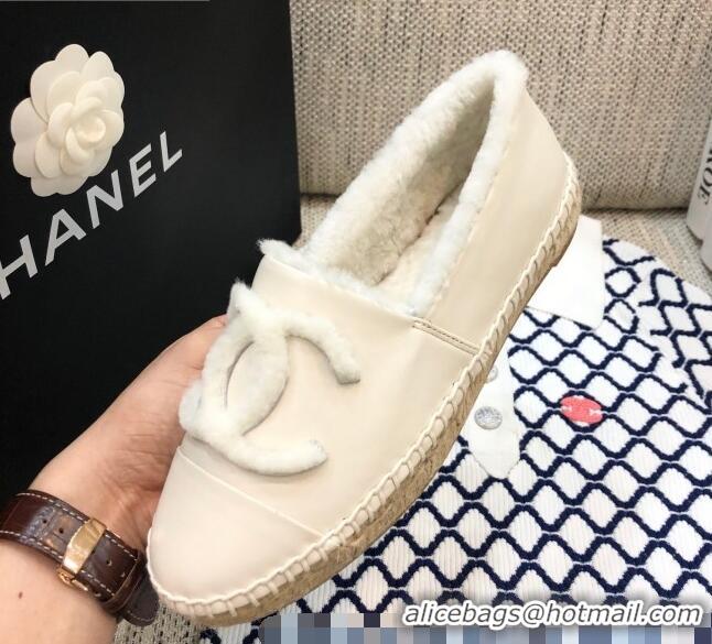 Top Quality Chanel Lambskin Wool CC Flat Espadrilles C0922 White 2020