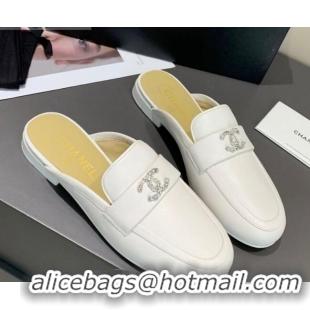 Discount Chanel Lambskin Crystal CC Flat Loafers Mules C1035 White 2020