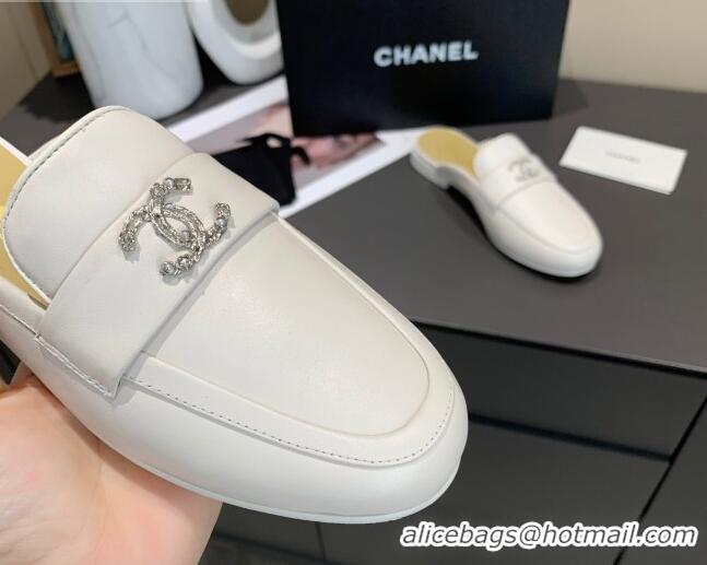 Discount Chanel Lambskin Crystal CC Flat Loafers Mules C1035 White 2020