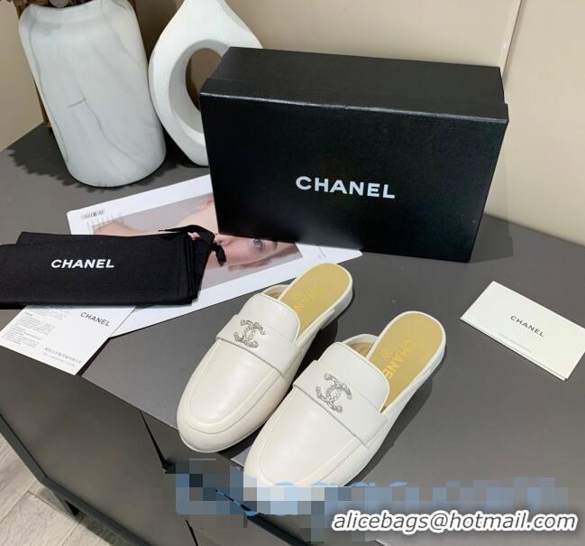 Discount Chanel Lambskin Crystal CC Flat Loafers Mules C1035 White 2020