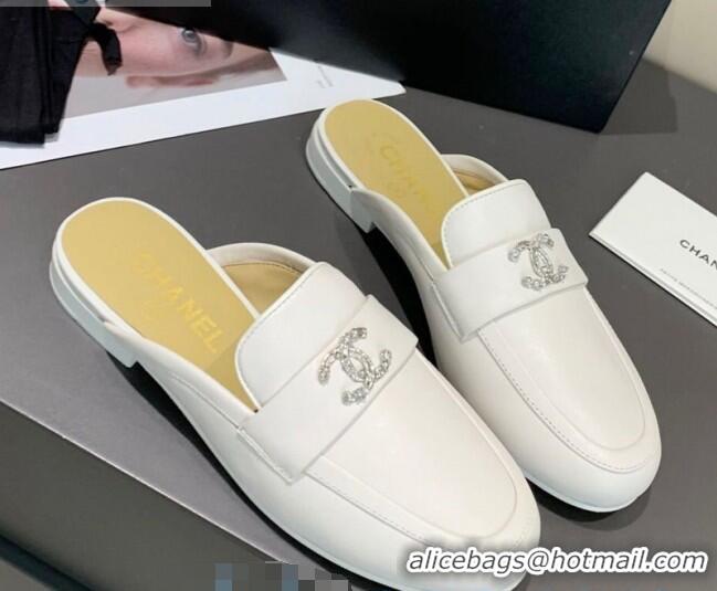 Discount Chanel Lambskin Crystal CC Flat Loafers Mules C1035 White 2020