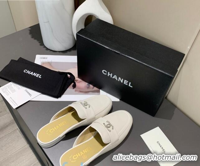 Discount Chanel Lambskin Crystal CC Flat Loafers Mules C1035 White 2020