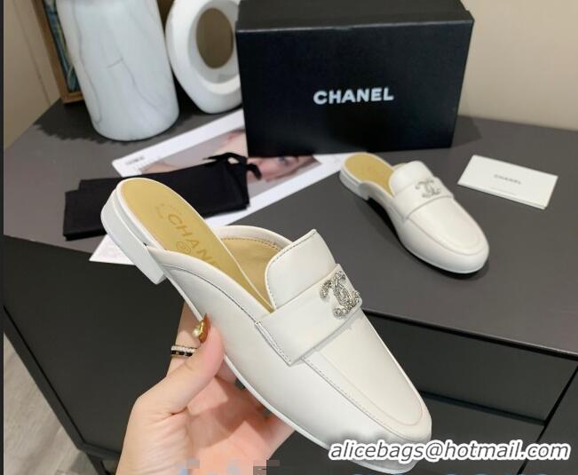 Discount Chanel Lambskin Crystal CC Flat Loafers Mules C1035 White 2020