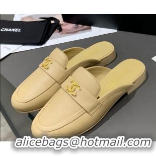 Inexpensive Chanel Lambskin Crystal CC Flat Loafers Mules C1035 Apricot 2020