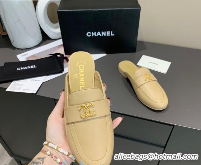 Inexpensive Chanel Lambskin Crystal CC Flat Loafers Mules C1035 Apricot 2020