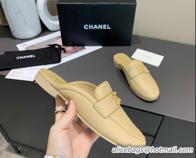 Inexpensive Chanel Lambskin Crystal CC Flat Loafers Mules C1035 Apricot 2020