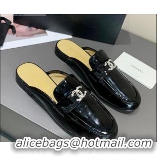 Imitation Bulk Chanel Patent Calfskin Crystal CC Flat Loafers Mules C1038 Black 2020