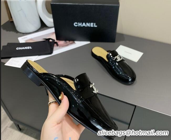 Imitation Bulk Chanel Patent Calfskin Crystal CC Flat Loafers Mules C1038 Black 2020