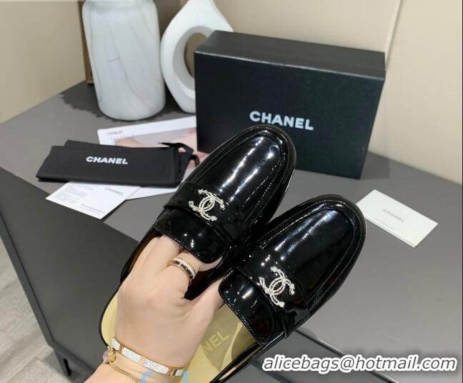 Imitation Bulk Chanel Patent Calfskin Crystal CC Flat Loafers Mules C1038 Black 2020